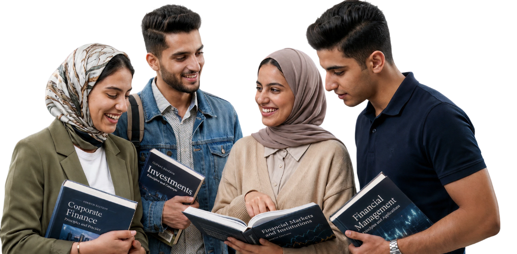 A group of ambitious CFA finance students studying and holding textbooks